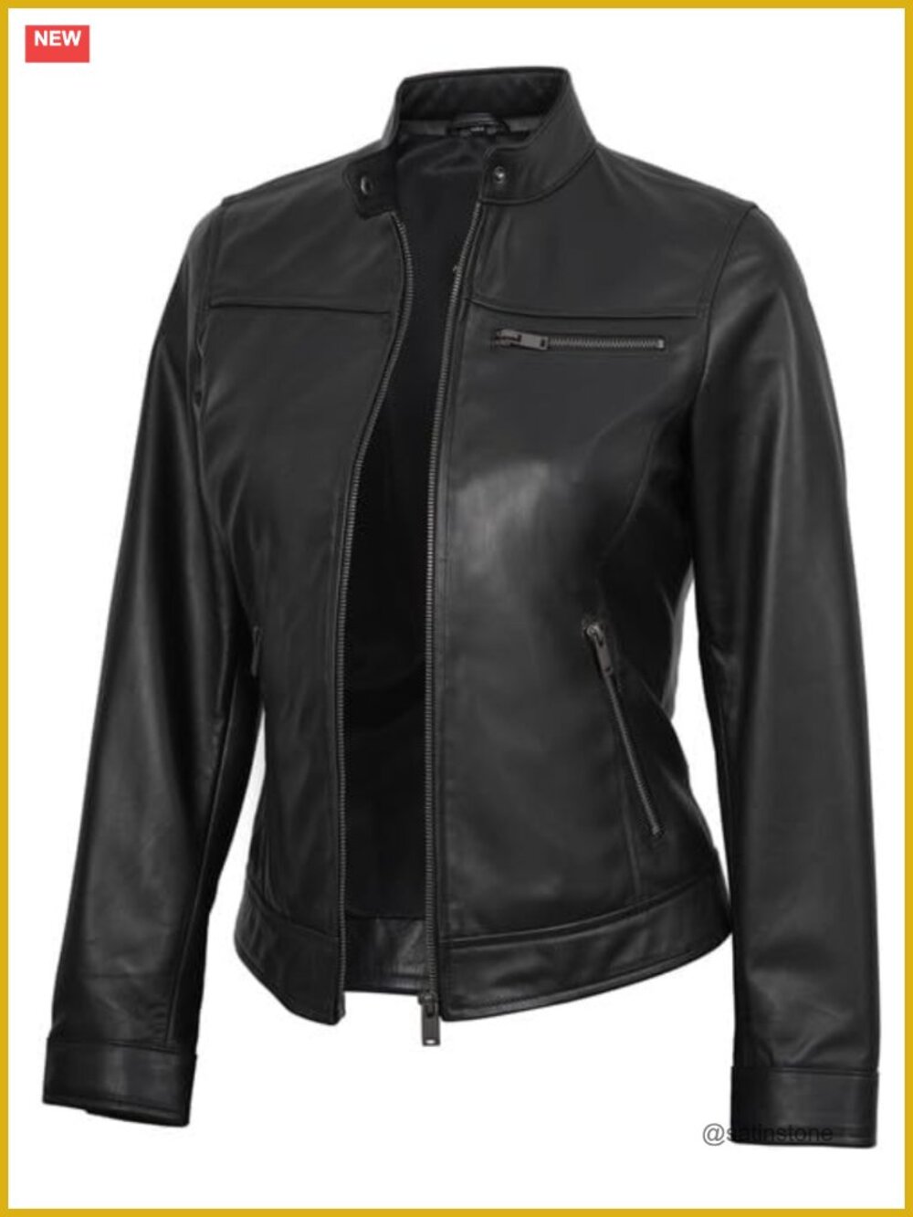 Real Lambskin Leather Jacket - Cafe Racer Style with Zipper